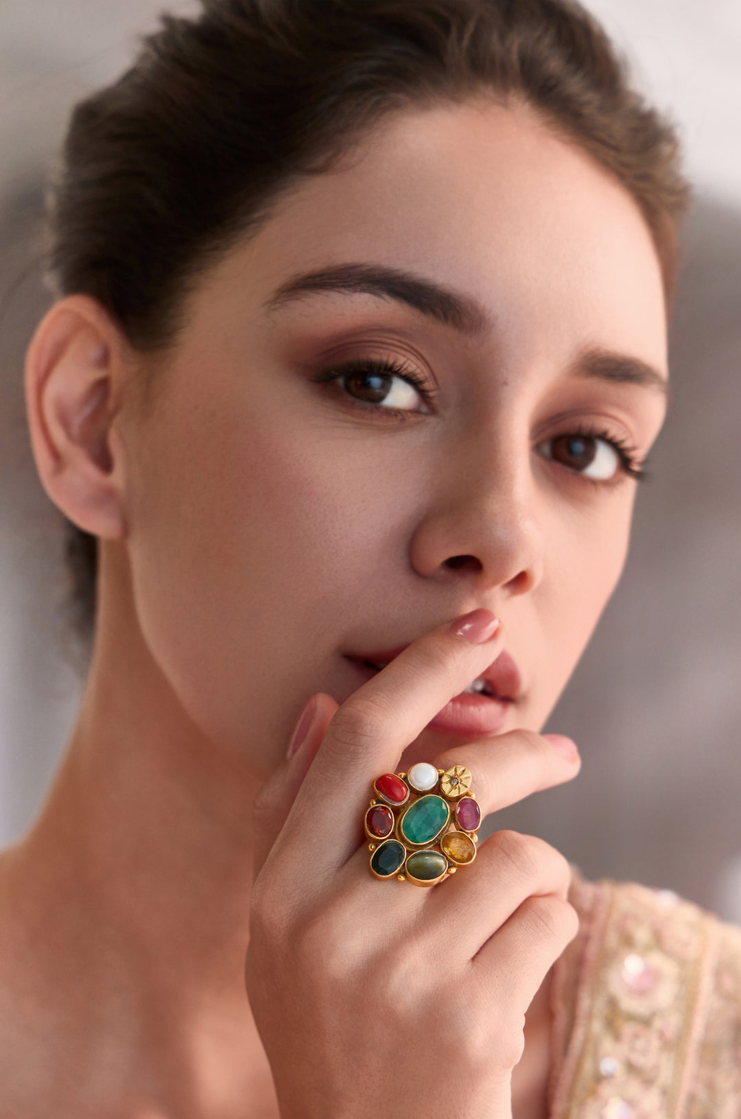 Rupasi Navrattan Floral Silver Ring