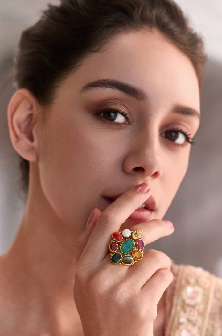 Rupasi Navrattan Floral Silver Ring