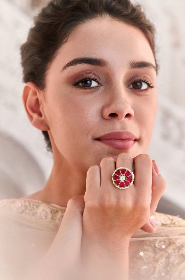 Rashi Red Kundan Ring