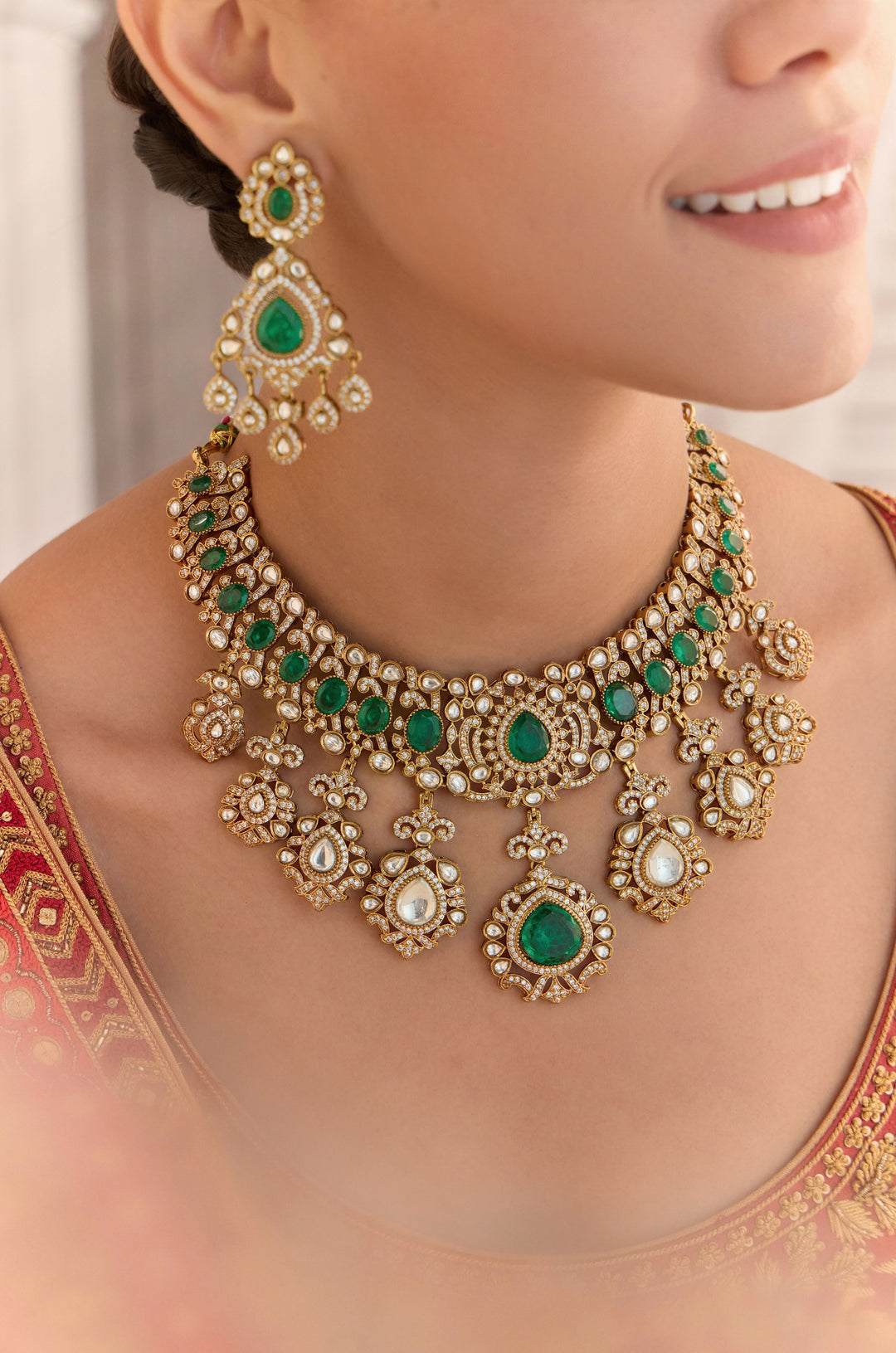 Palki Green Polki Necklace Set