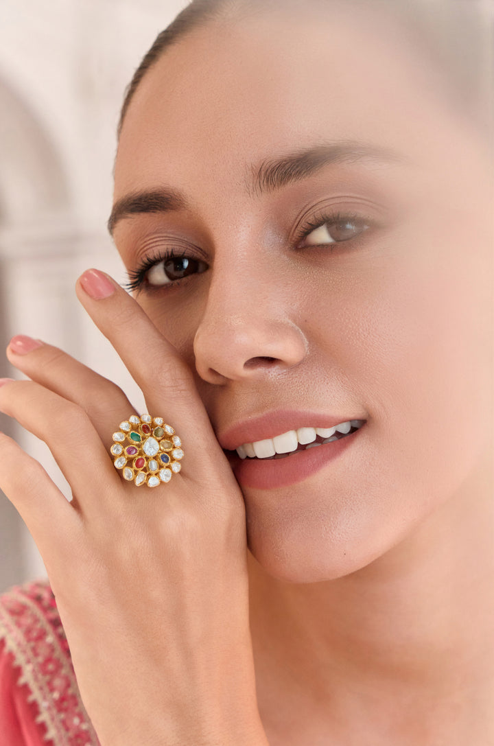 Gazala Navrattan Polki Silver Ring
