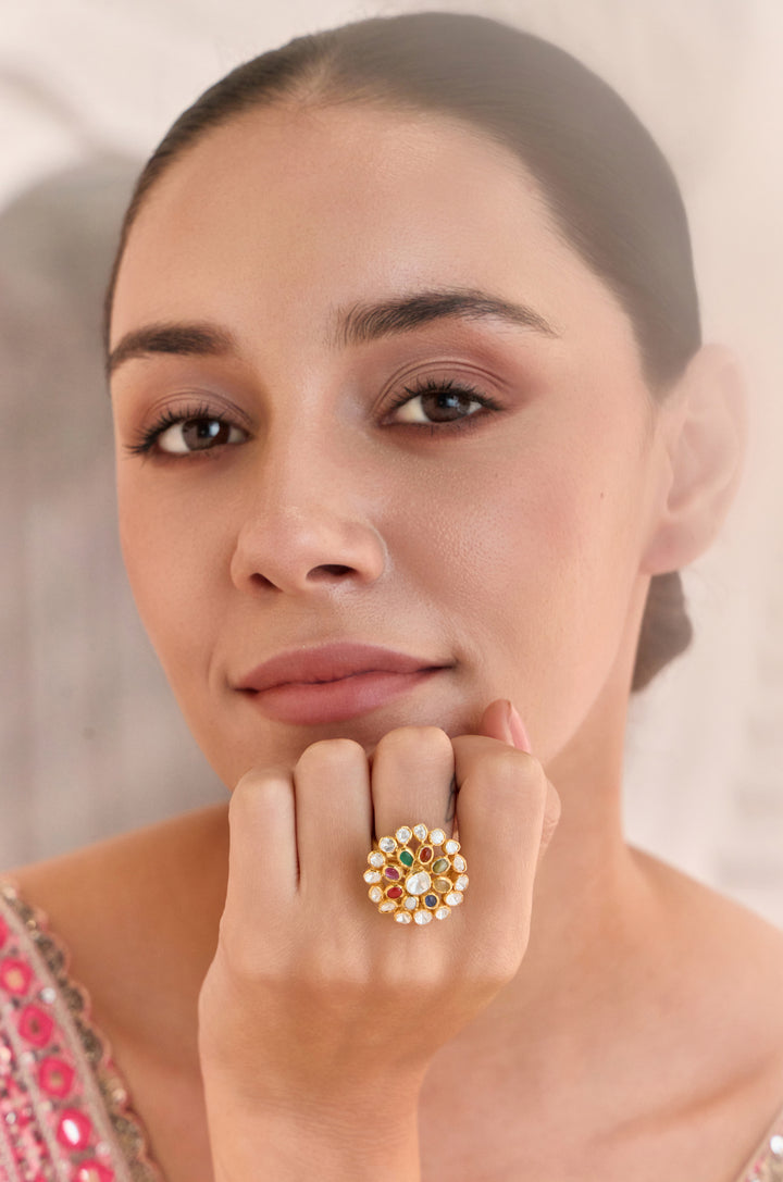 Gazala Navrattan Polki Silver Ring
