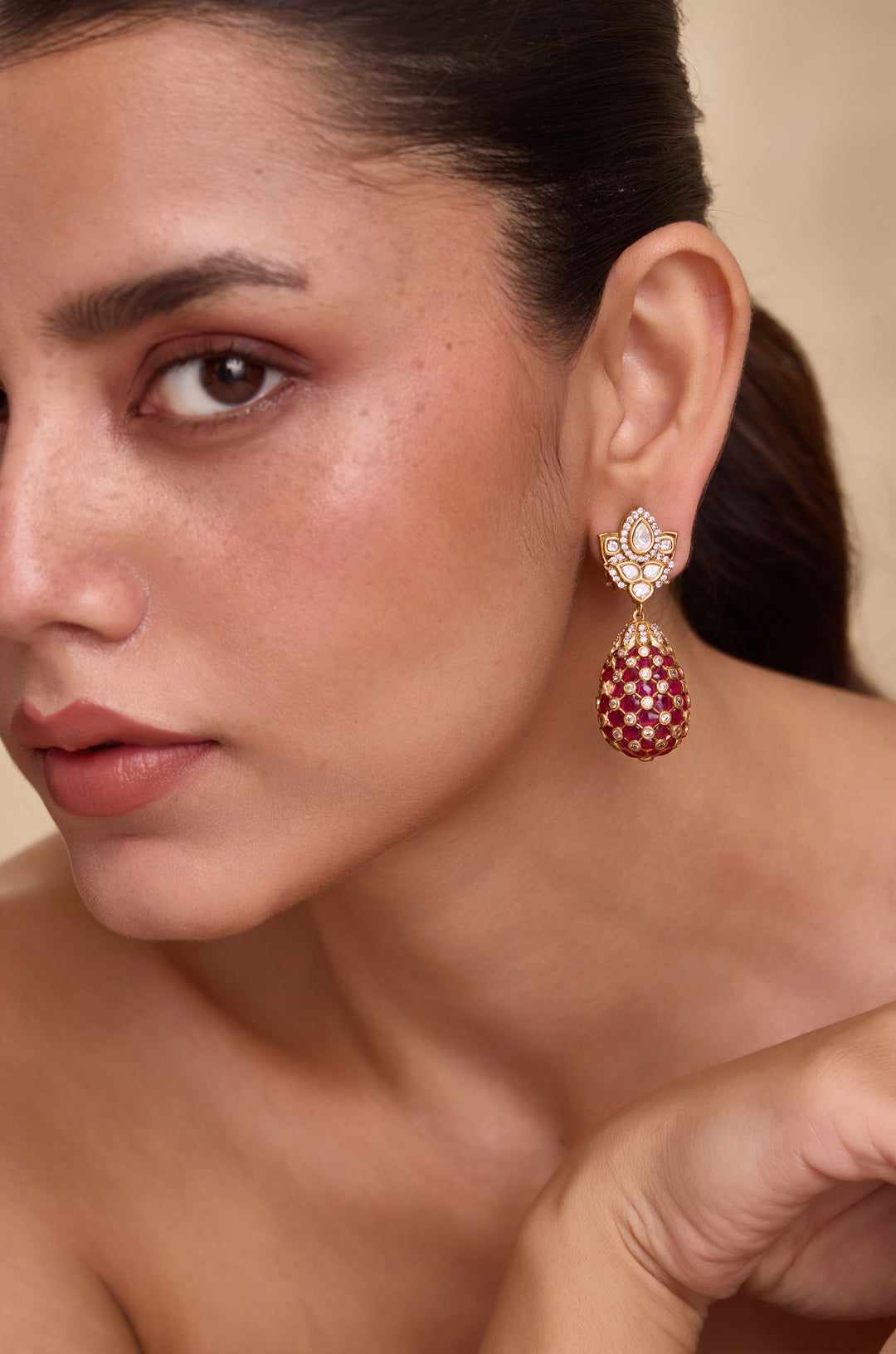 Crimson Polki Drop Earrings