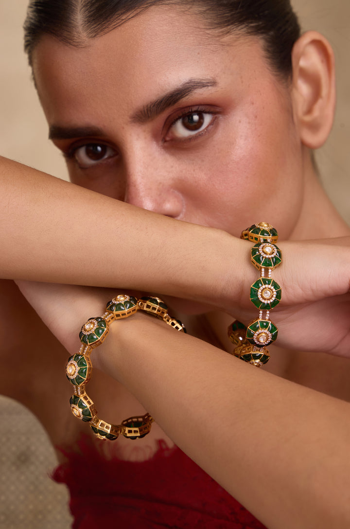 Radhya Green Floral Polki Bangles - Set of 2