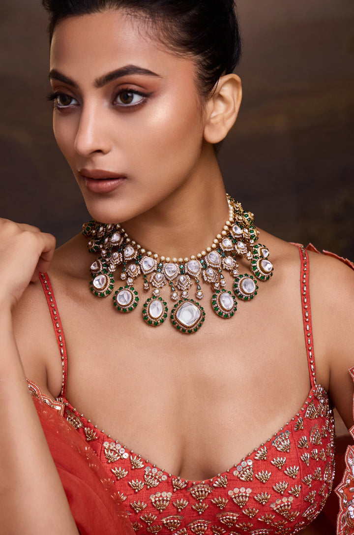 Zuha Emerald Green Polki Set