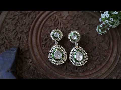 Irya Green Polki Silver Earrings