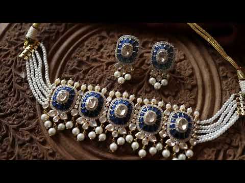 Jahzara Blue Polki Silver Necklace Set