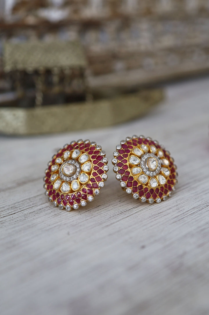 Adza Red Polki Silver Studs