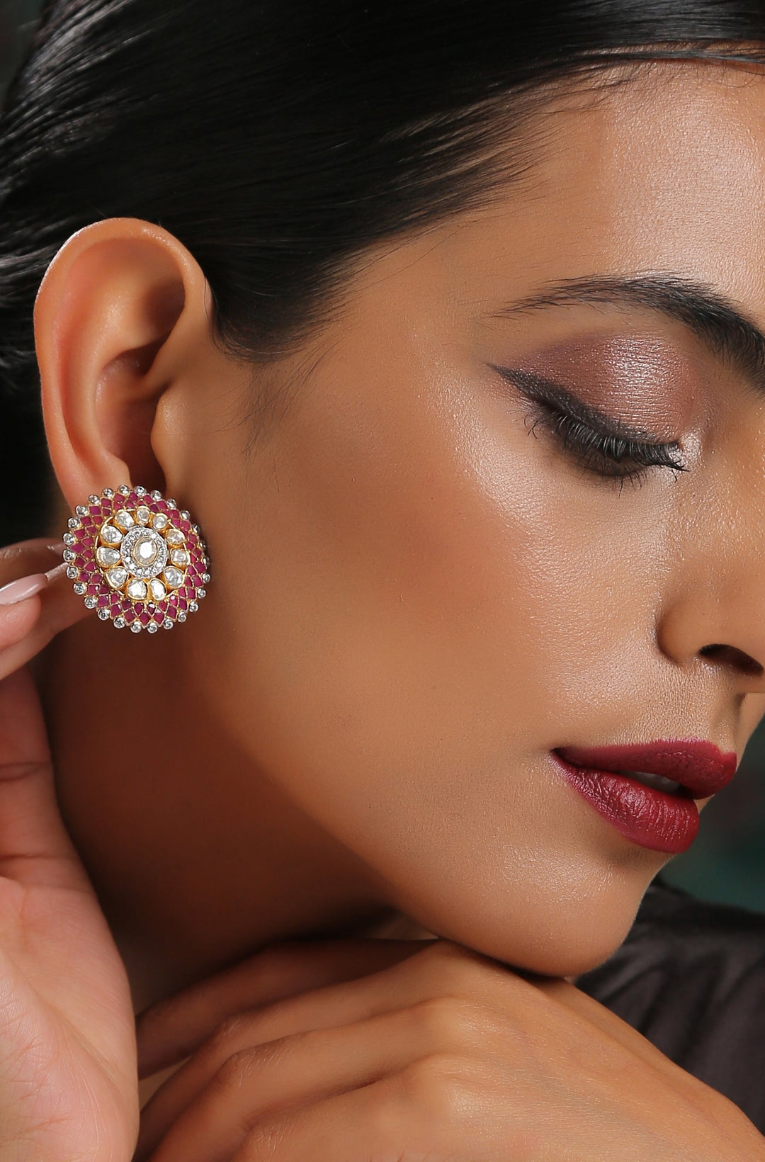 Adza Red Polki Silver Studs