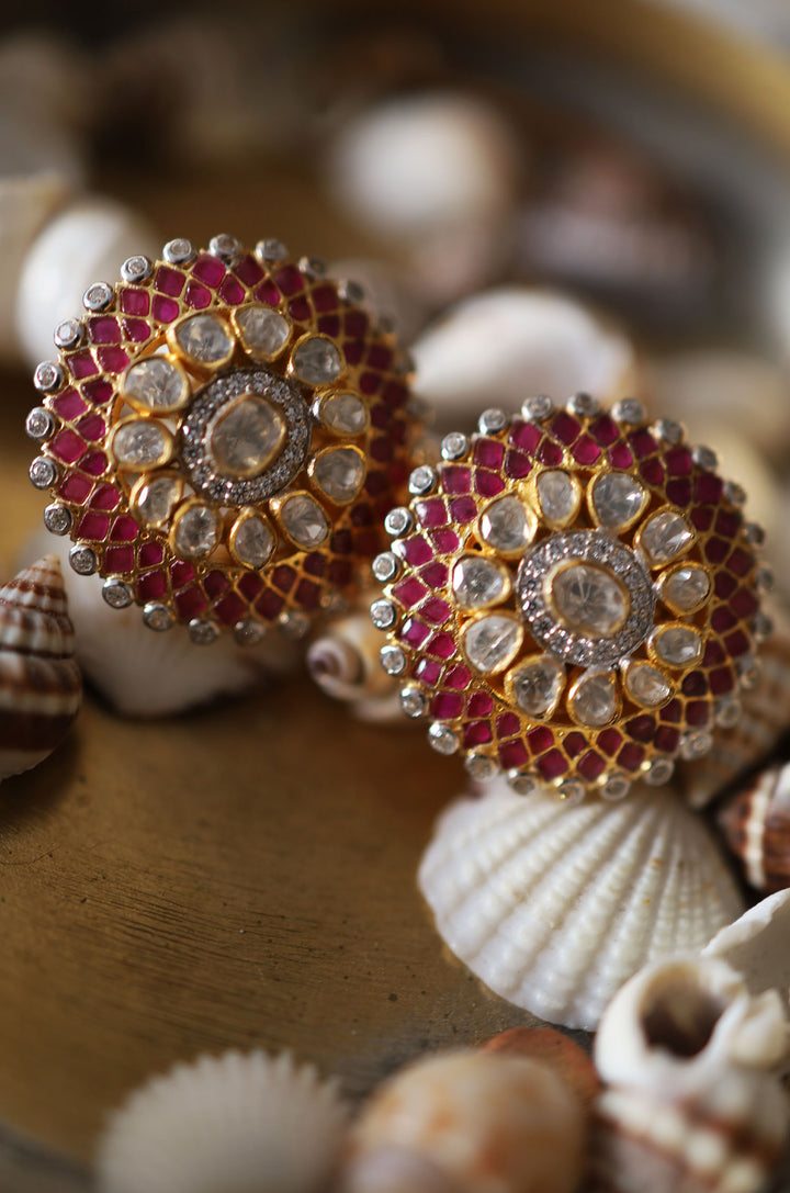 Adza Red Polki Silver Studs
