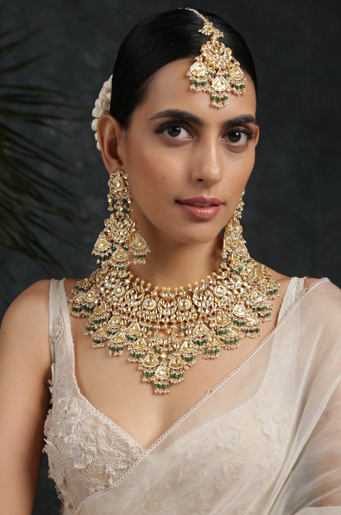 Visheta Green Gold Plated Kundan Necklace Set with Maang Tikka ...