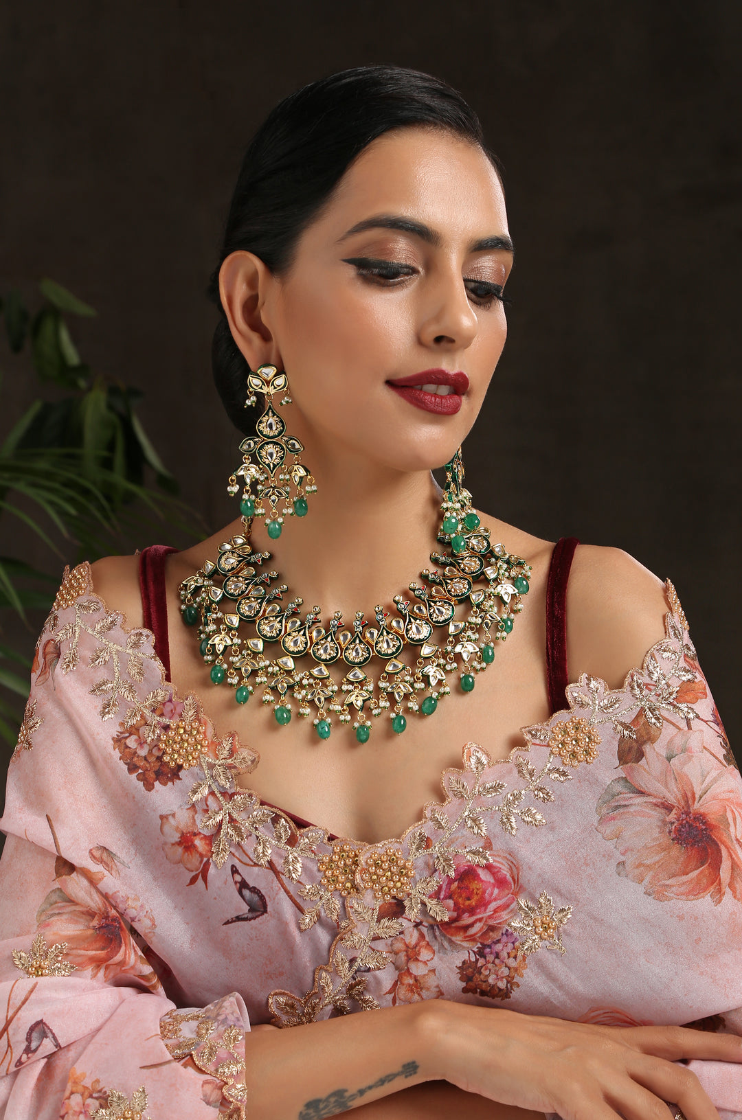 Maalai Green Meenakari Handpainted Choker Necklace Set