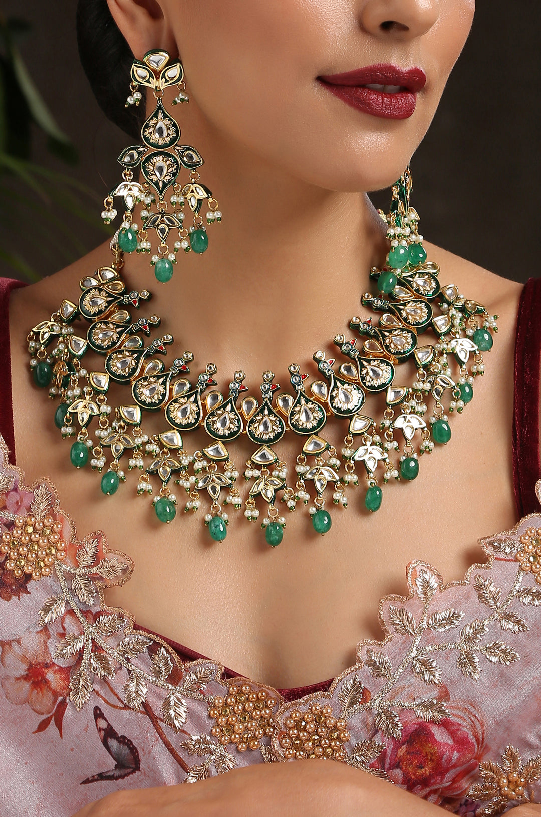 Maalai Green Meenakari Handpainted Choker Necklace Set