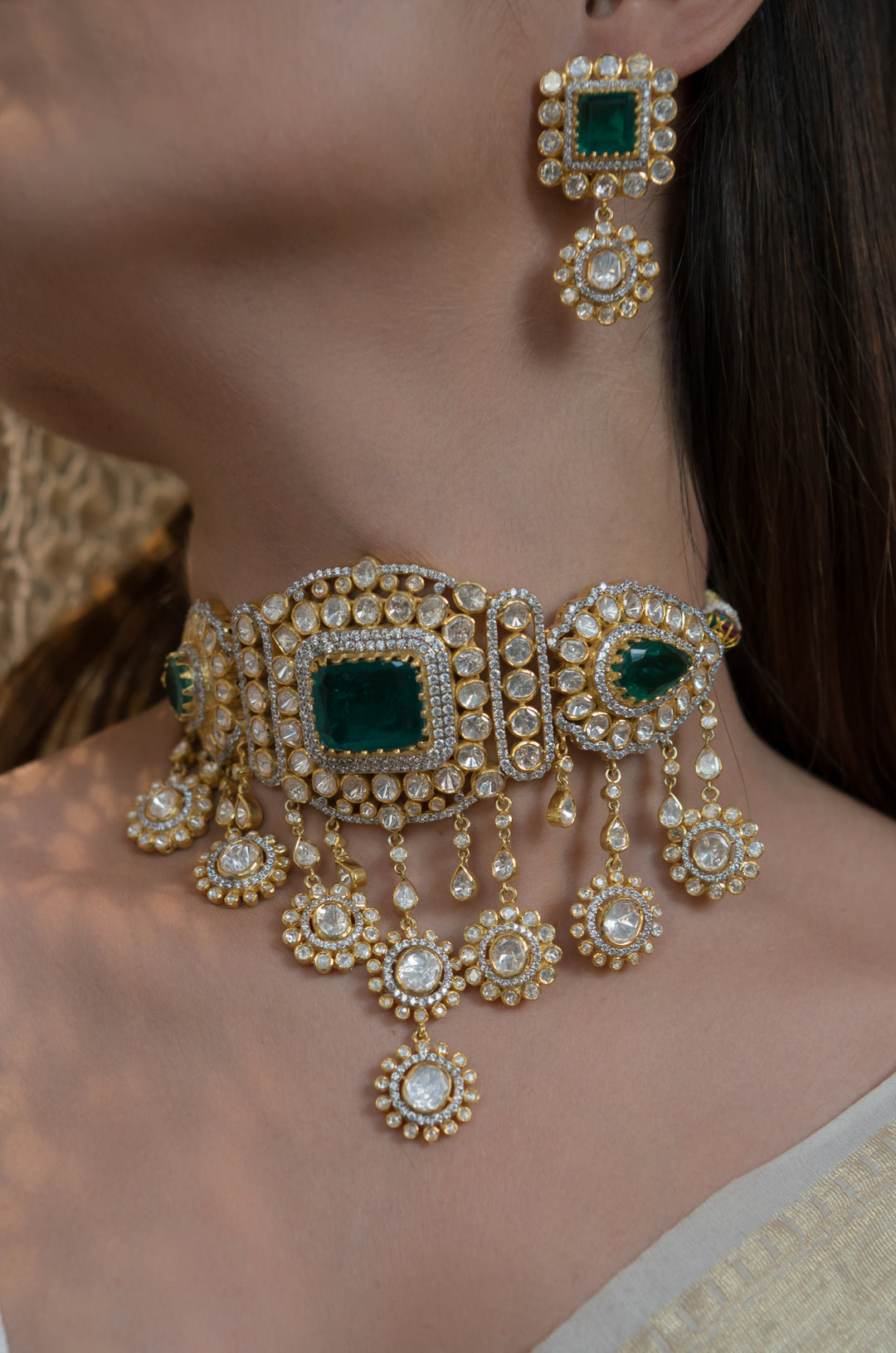 Vama Polki Silver Choker Necklace Set