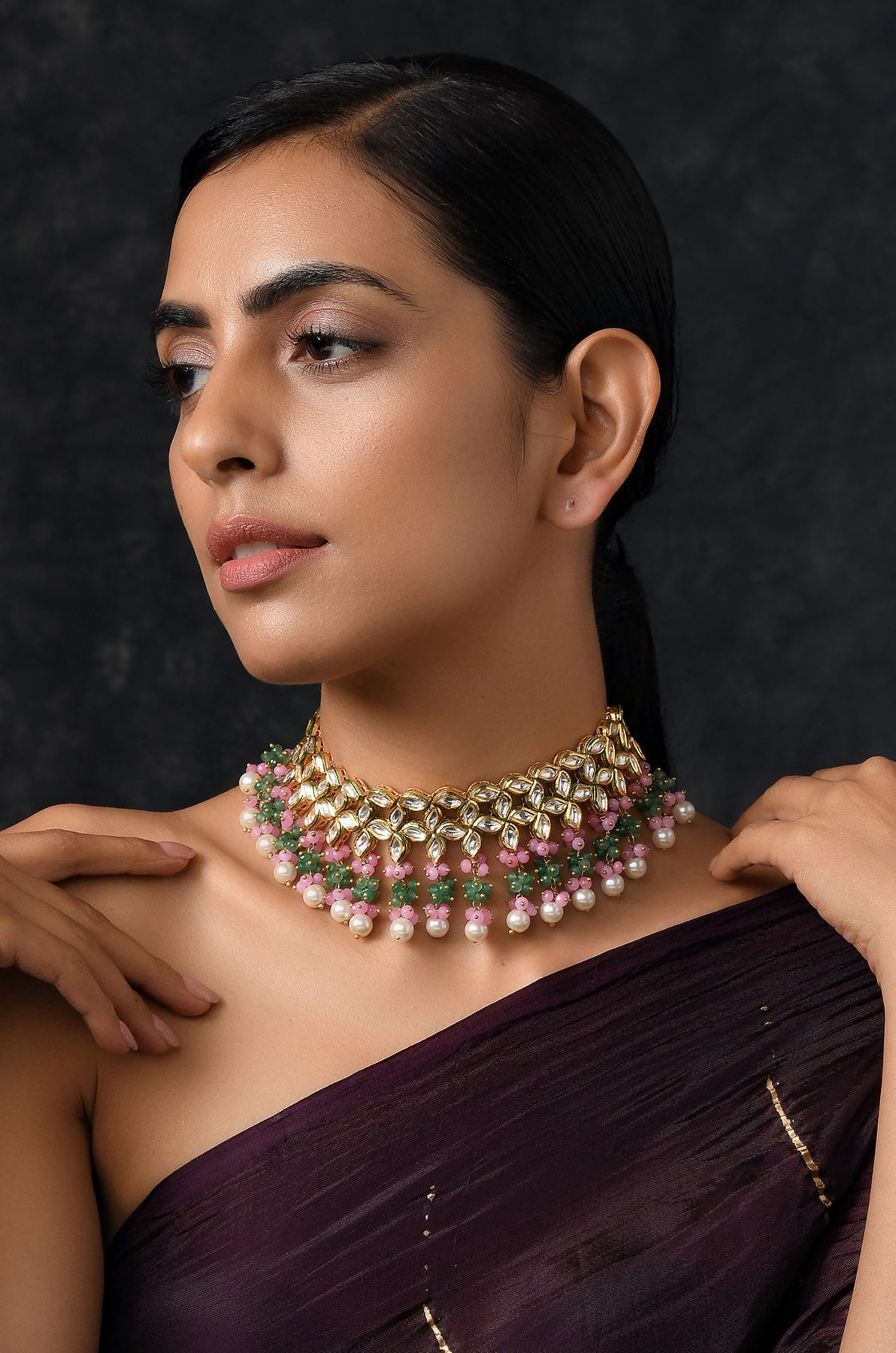 Esra Pink-Green Gold Plated Kundan & Pearls Choker Necklace – Paisley ...