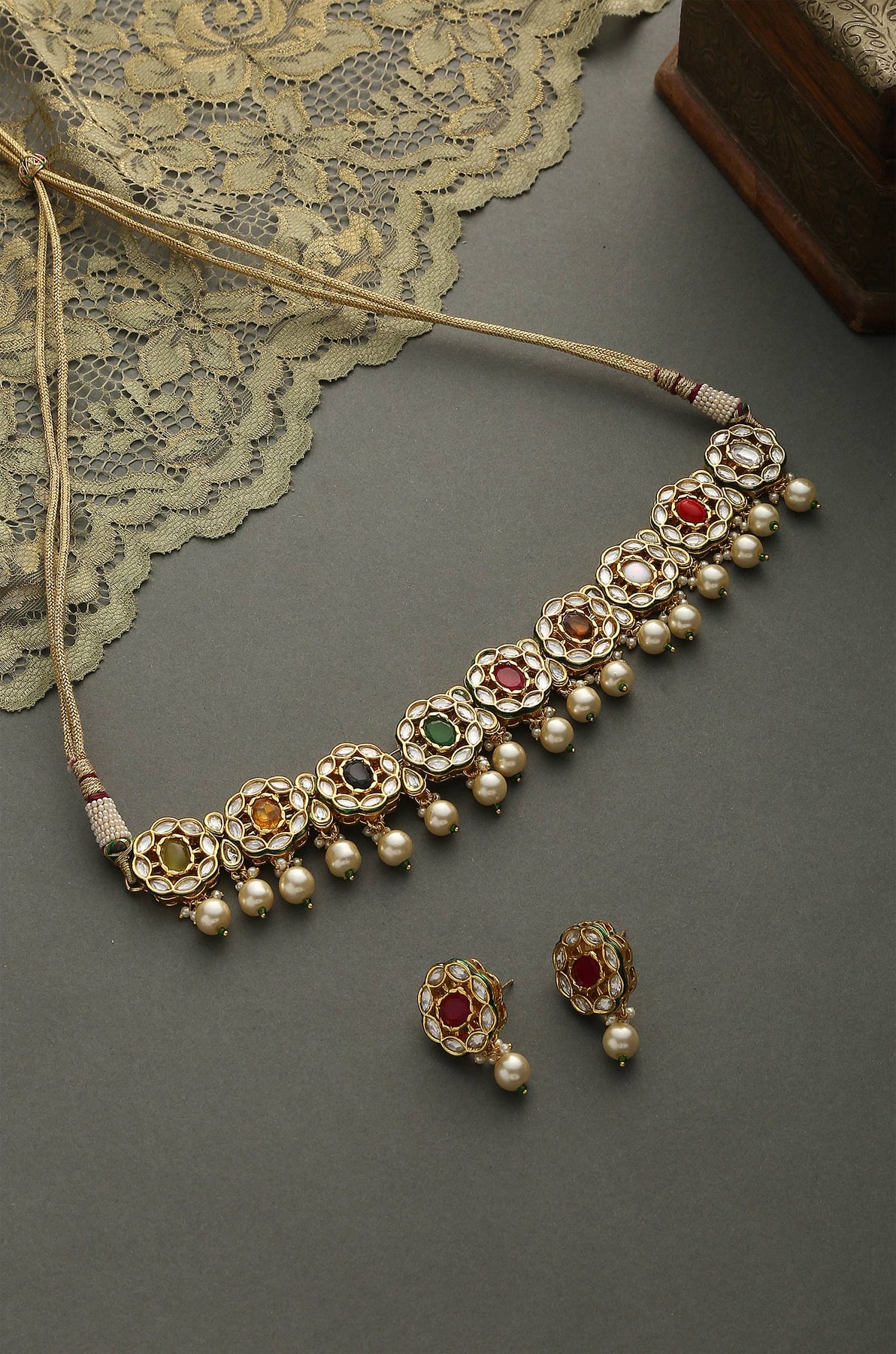 Kruti Navrattan Gold Plated Kundan Necklace Set – Paisley Pop Shop